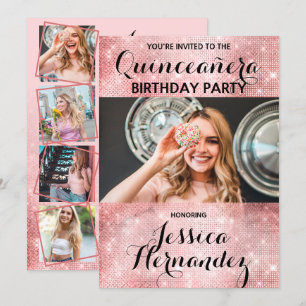 Glamourous Pink Glitter Sequins Photo Quinceañera Invitation