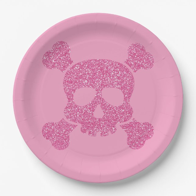 Glamourous Pink Glitter Skull and Crossbones Paper Plate (Front)