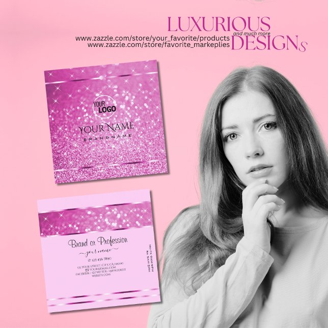 Glamourous Pink Glitter Sparkling Stars add Logo Square Business Card (Creator Uploaded)