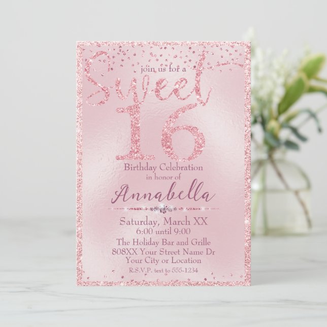 Glamourous Pink Glitter Sweet 16 Birthday Invitation (Standing Front)