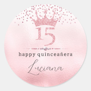 Glamourous Pink Glitter Tiara Quinceañera Birthday Classic Round Sticker