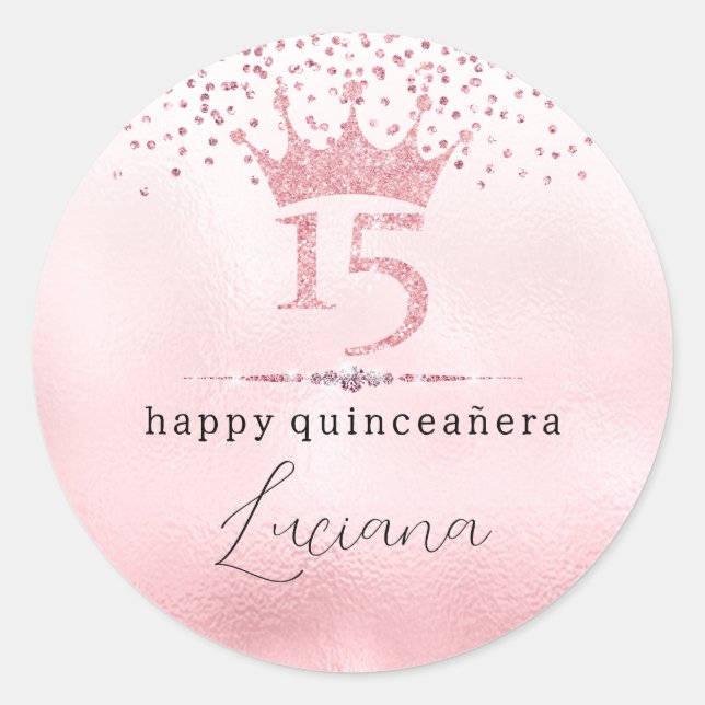 Glamourous Pink Glitter Tiara Quinceañera Birthday Classic Round Sticker (Front)