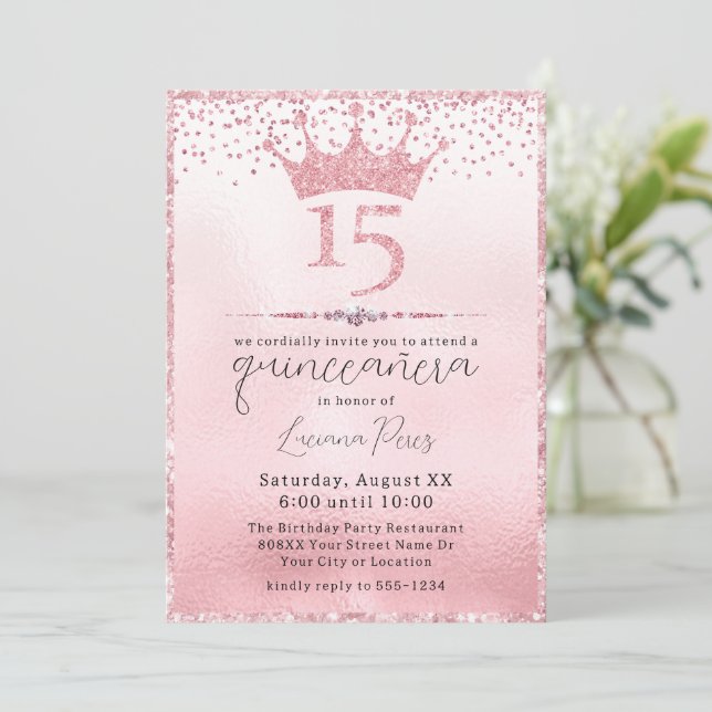 Glamourous Pink Glitter Tiara Quinceañera Birthday Invitation (Standing Front)
