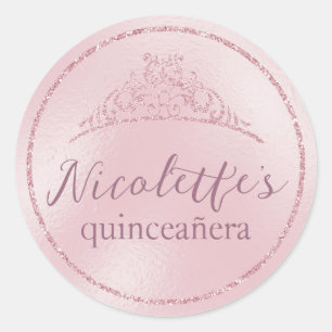 Glamourous Pink Glitter Tiara Quinceañera Classic Round Sticker