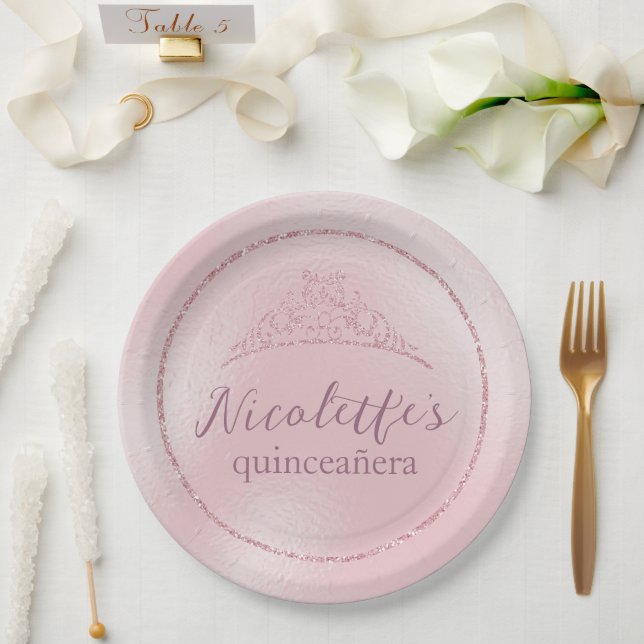 Glamourous Pink Glitter Tiara Quinceañera Paper Plate (Wedding)