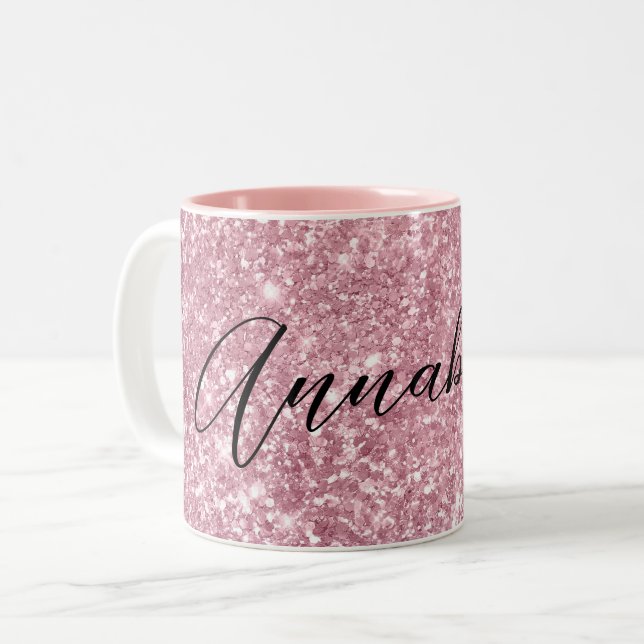 Glamourous Pink Glitter Two-Tone Coffee Mug (Front Left)