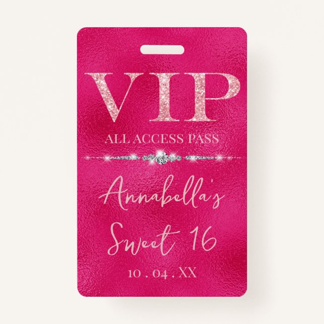 Glamourous Pink Glitter VIP ID Badge (Front)