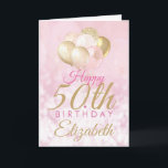 Glamourous Pink Gold Balloon 50th Birthday Card<br><div class="desc">A gorgeous 50th birthday (or any age) greetings card for someone who likes a little glam! Features blush pink and gold glitter balloons  on a soft pink background. Personalise with your own name and message.</div>