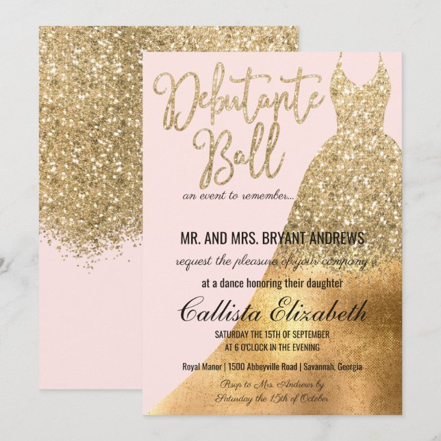 Glamourous Pink Gold Glitter Dress Debutante Dance Invitation (Front/Back)