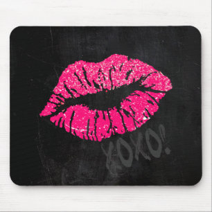 Glamourous Pink Kissy Lips with XOXO on Black Mouse Mat