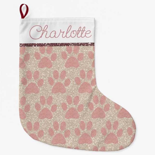 Glamourous Pink Paw Prints on White Gold Glitter Large Christmas Stocking (Front)