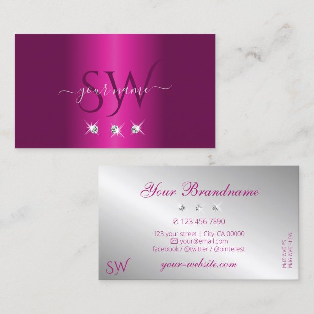Glamourous Pink Silver Sparkling Diamonds Monogram Business Card (Front/Back)