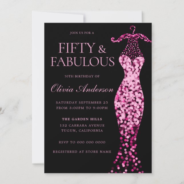Glamourous Pink Sparkle Dress 50th Birthday Party Invitation (Front)