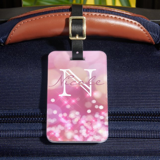 Glamourous Pink Sparkle Monogram Luggage Tag (Front Insitu 2)