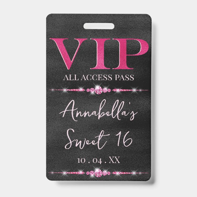 Glamourous Pink VIP on Black ID Badge (Front)