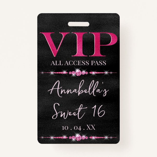 Glamourous Pink VIP on Black ID Badge (Front)