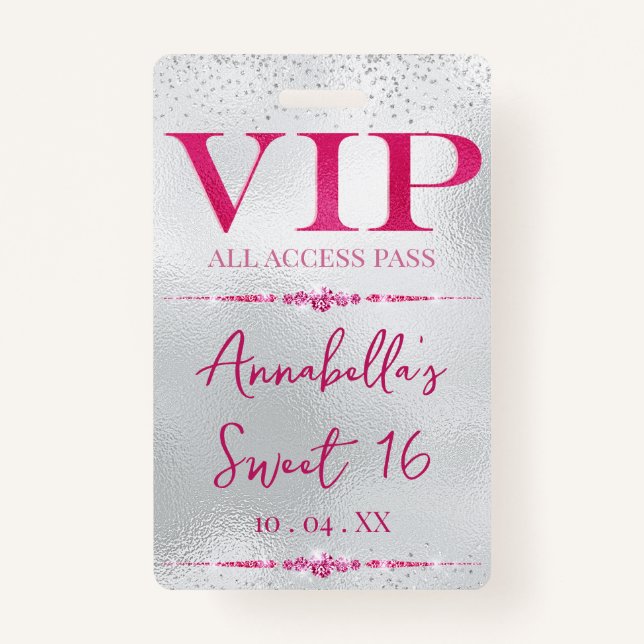 Glamourous Pink VIP on Silver ID Badge (Front)