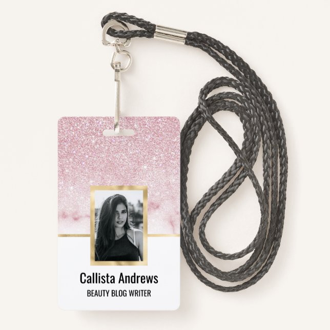 Glamourous Pink White Glitter Marble Gradient Ombr ID Badge (Front with Lanyard)