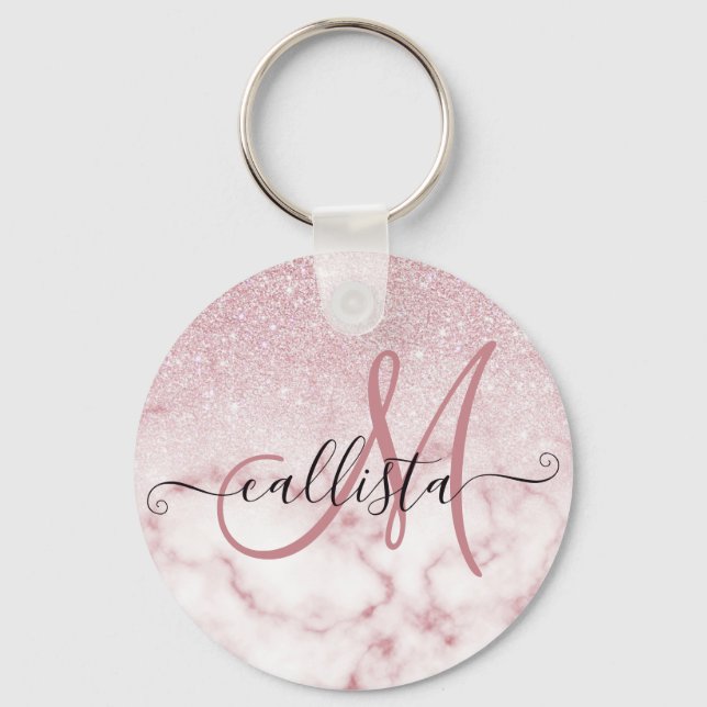 Glamourous Pink White Glitter Marble Gradient Ombr Key Ring (Front)