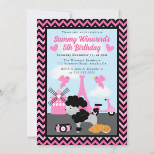 Glamourous Poodle Dog in Paris Kids Birthday  Invitation