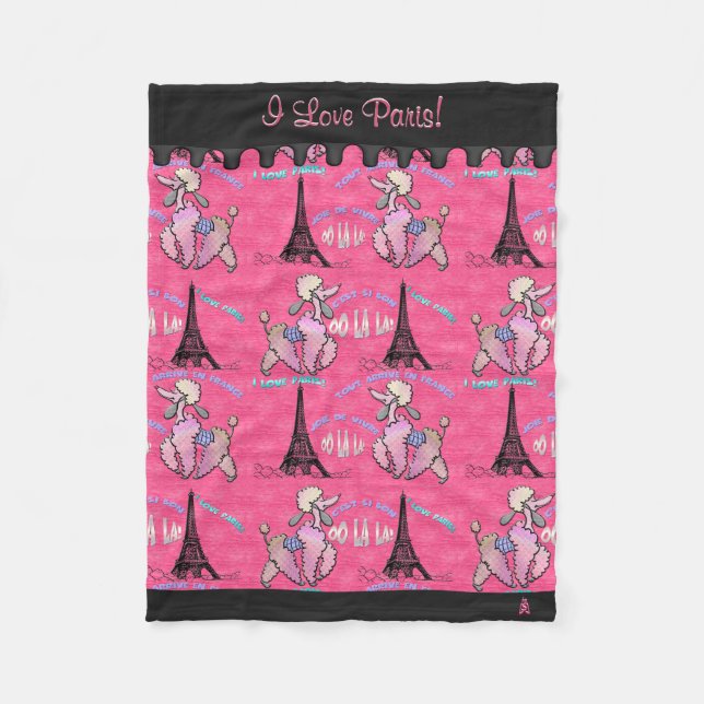 Glamourous Poodle in Paris on Pink (Personalised) Fleece Blanket (Front)