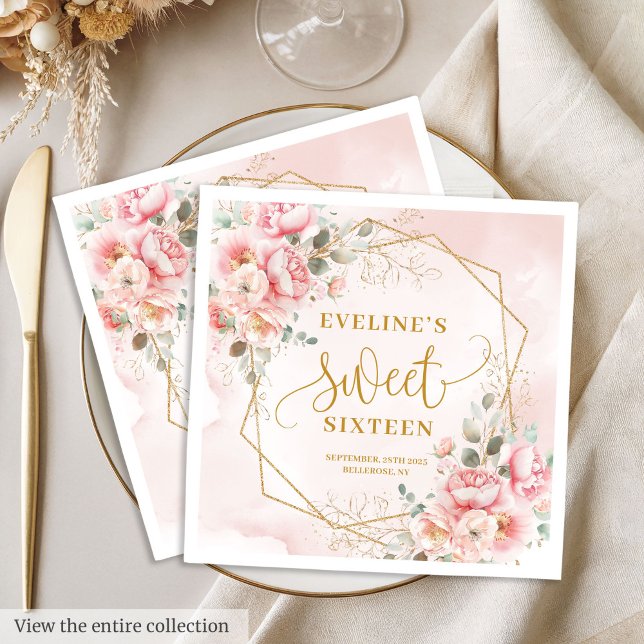 Glamourous Powder Pink Gold Flowers Sweet Sixteen  Napkin (Glamorous Powder Pink Gold Flowers Sweet Sixteen Napkins)