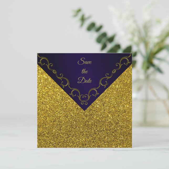 Glamourous Purple and Gold Save The Date (Standing Front)