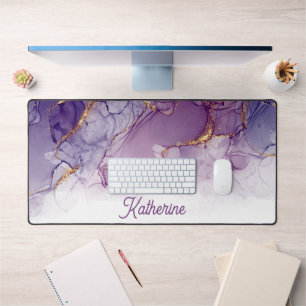 Glamourous Purple and Gold Swirls Personalised Desk Mat