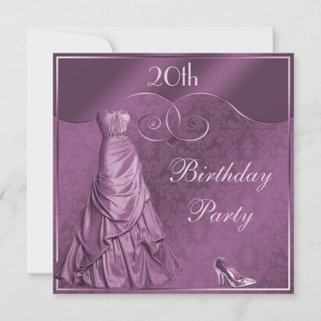 Glamourous Purple Ball Gown 20th Birthday Party Invitation (Front)