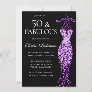 Glamourous Purple Dress Fabulous 50th Birthday Invitation