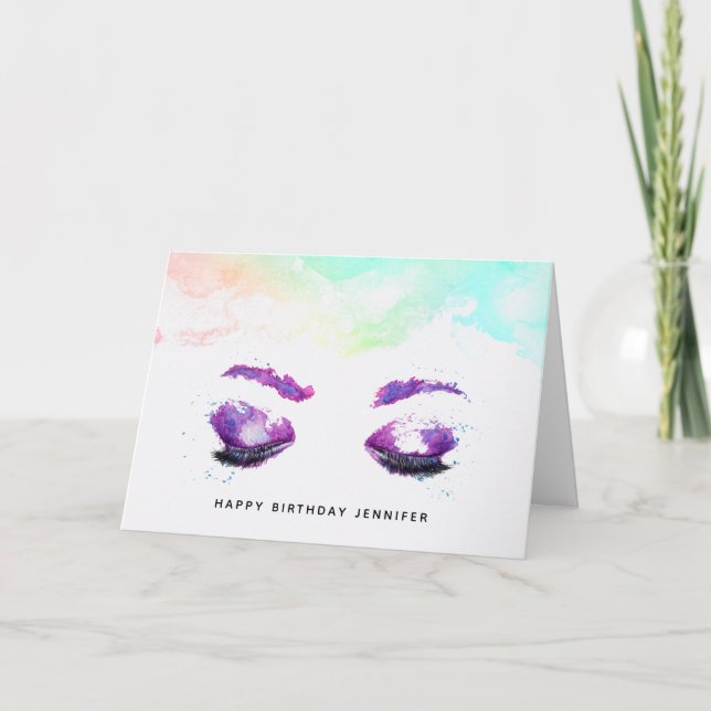  Glamourous Purple Eyes & Brows Watercolor Birthda Card (Front)
