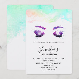 Glamourous Purple Eyes & Brows Watercolor Birthday Invitation