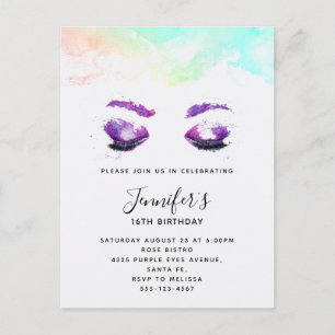 Glamourous Purple Eyes & Brows Watercolor Birthday Invitation Postcard