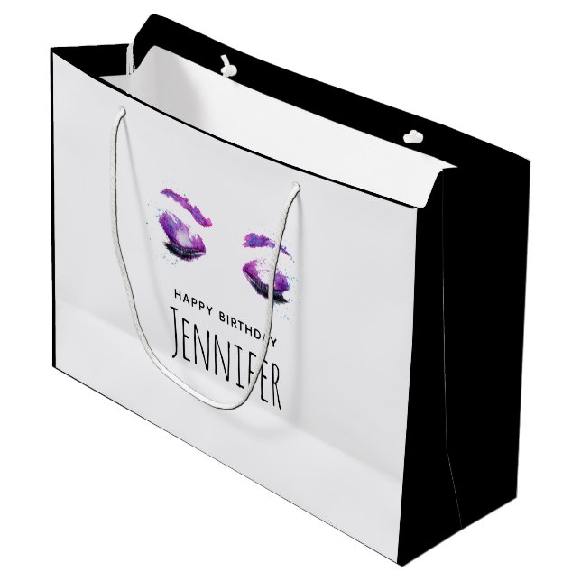 Glamourous Purple Eyes & Brows Watercolor Birthday Large Gift Bag (Front Angled)