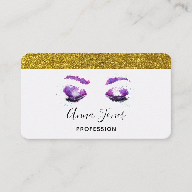 Glamourous Purple Eyes & Brows Watercolor Business Card (Front)
