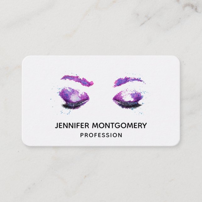 Glamourous Purple Eyes & Brows Watercolor  Business Card (Front)
