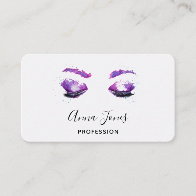 Glamourous Purple Eyes & Brows Watercolor Business Card (Front)