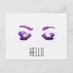 Glamourous Purple Eyes & Brows Watercolor Hello Postcard