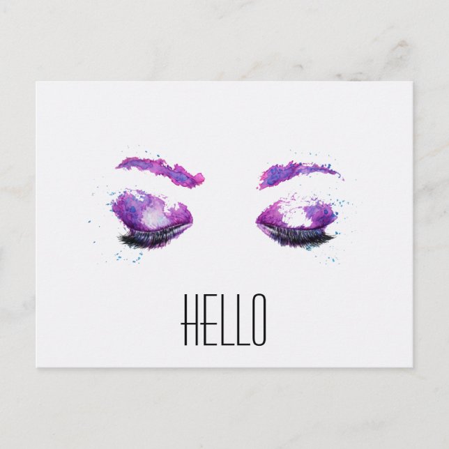 Glamourous Purple Eyes & Brows Watercolor Hello Postcard (Front)