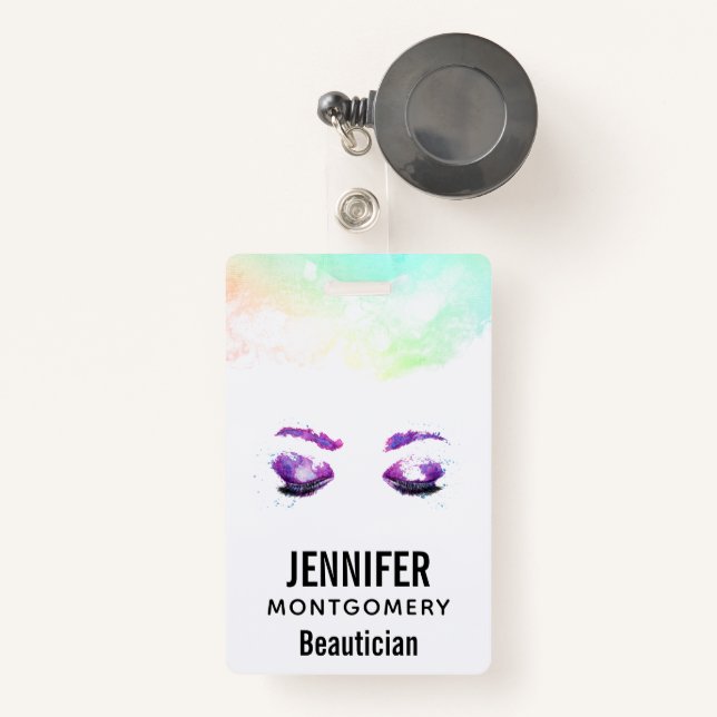 Glamourous Purple Eyes & Brows Watercolor ID Badge (Front with Retractable)