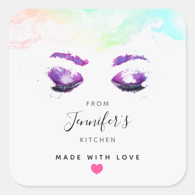 Glamourous Purple Eyes & Brows Watercolor Kitchen Square Sticker (Front)