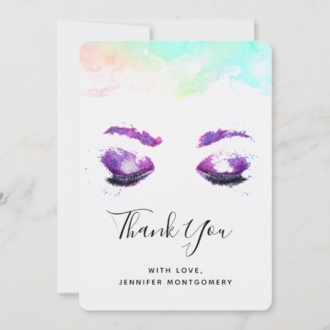 Glamourous Purple Eyes & Brows Watercolor Thank You Card (Front)