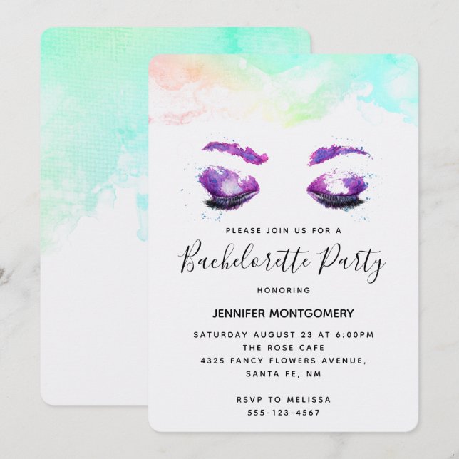Glamourous Purple Eyes Watercolor Bachelorette Invitation (Front/Back)