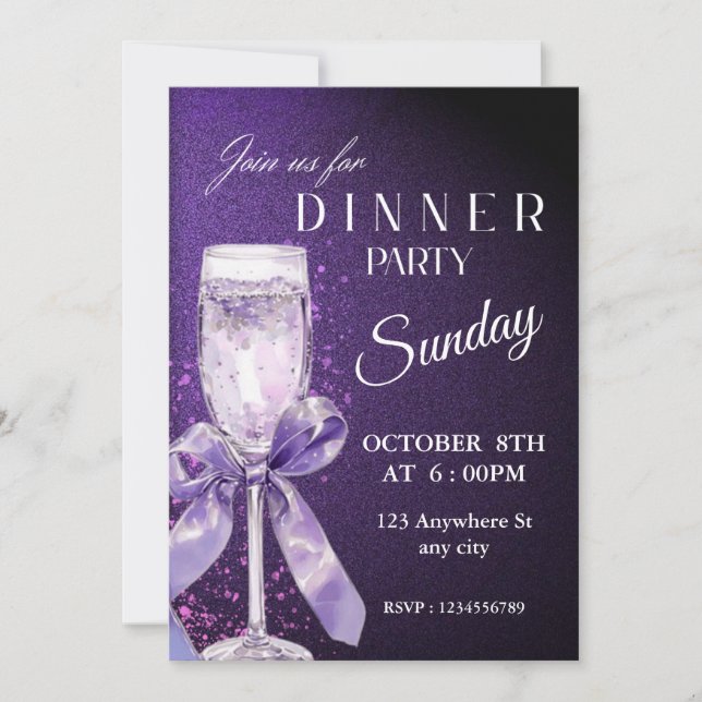 Glamourous Purple Glitter Dinner Party Invitation (Front)