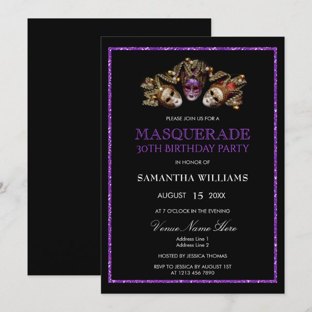 Glamourous Purple Glitter  Masquerade 30th Birthda Invitation (Front/Back)