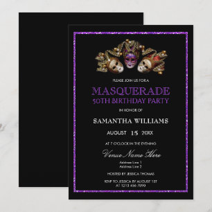 Glamourous Purple Glitter  Masquerade 50th Birthda Invitation