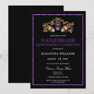 Glamourous Purple Glitter  Masquerade Quinceañera Invitation