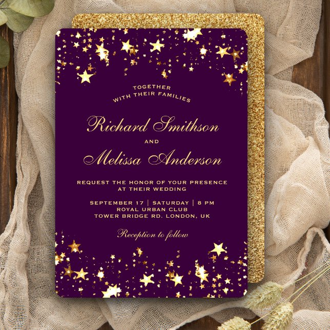 Glamourous Purple Gold Faux Glitter Stars Wedding Invitation (Creator Uploaded)