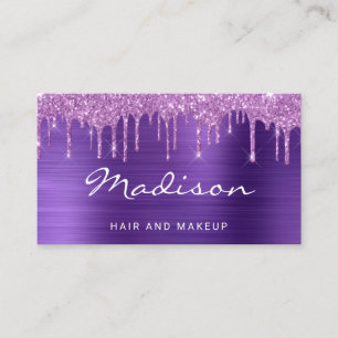 Glamourous Purple Metal Glitter Drip Hair & Makeup Business Card