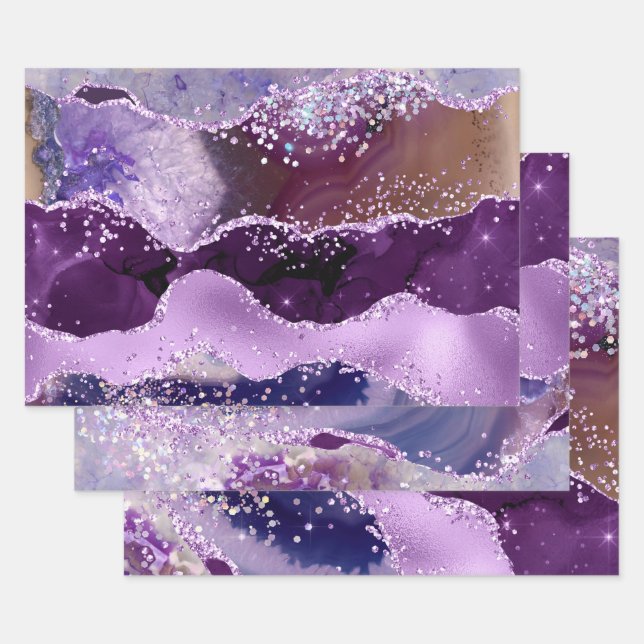 Glamourous Purple & Pink Faux Glitter Agate Wrapping Paper Sheet (Set)